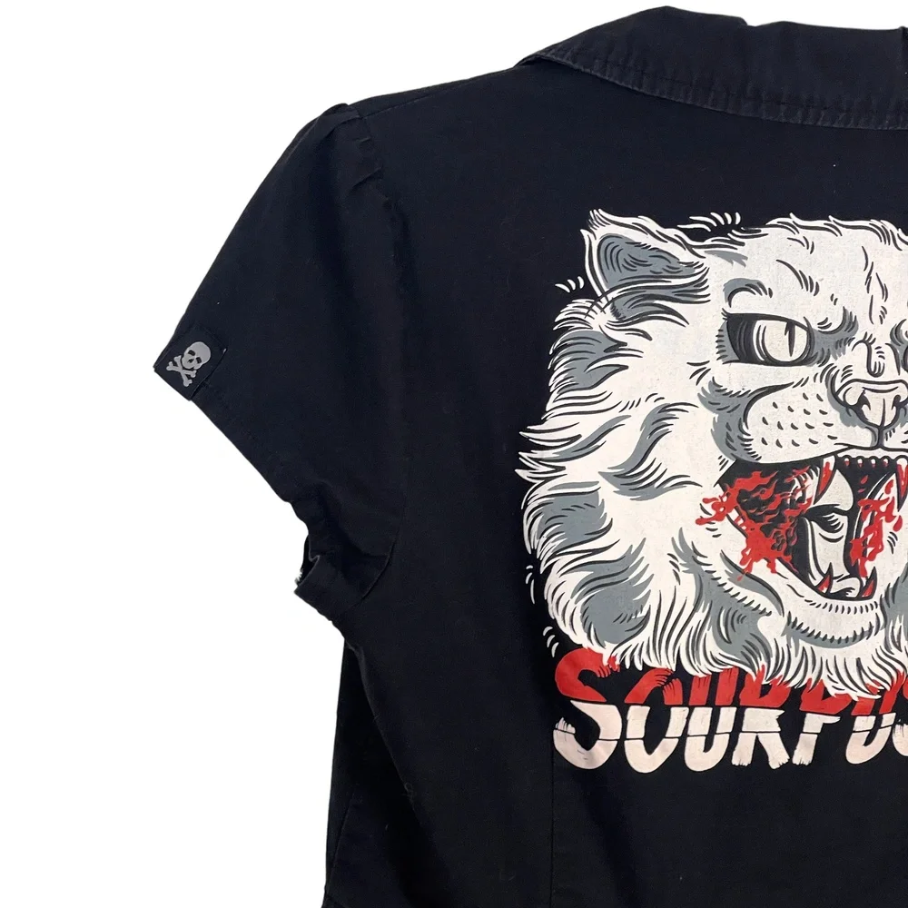 Sourpuss Clothing Y2K Black Cat Cap Sleeve Collared Zip Up Shirt Dress Large - Picture 4 of 12